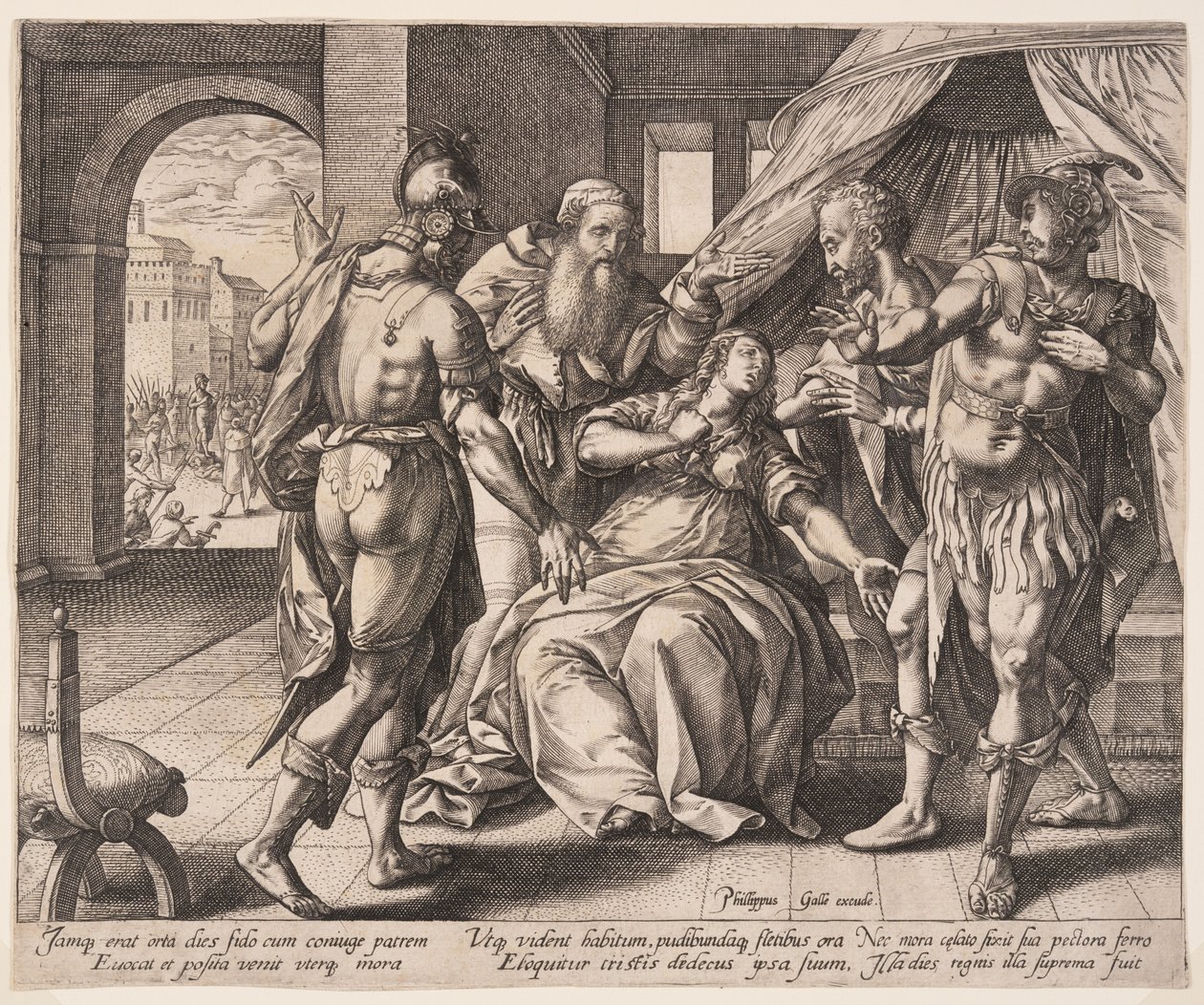 Lucretia tar livet av sig, från The Story of Lucretia av Hendrick Goltzius