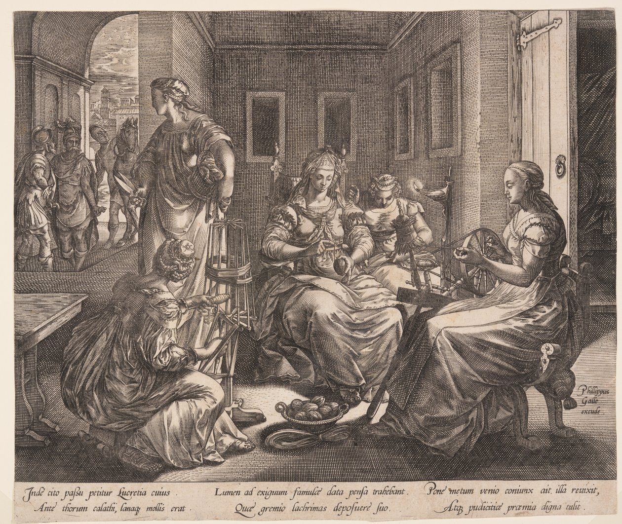 Lucretia och hennes kvinnor som spinner, från The Story of Lucretia av Hendrick Goltzius