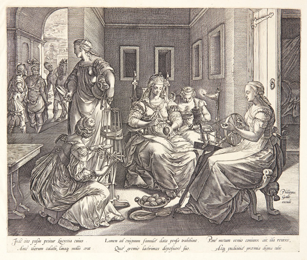 Lucretia spinner tillsammans med sina hovdamer av Hendrick Goltzius