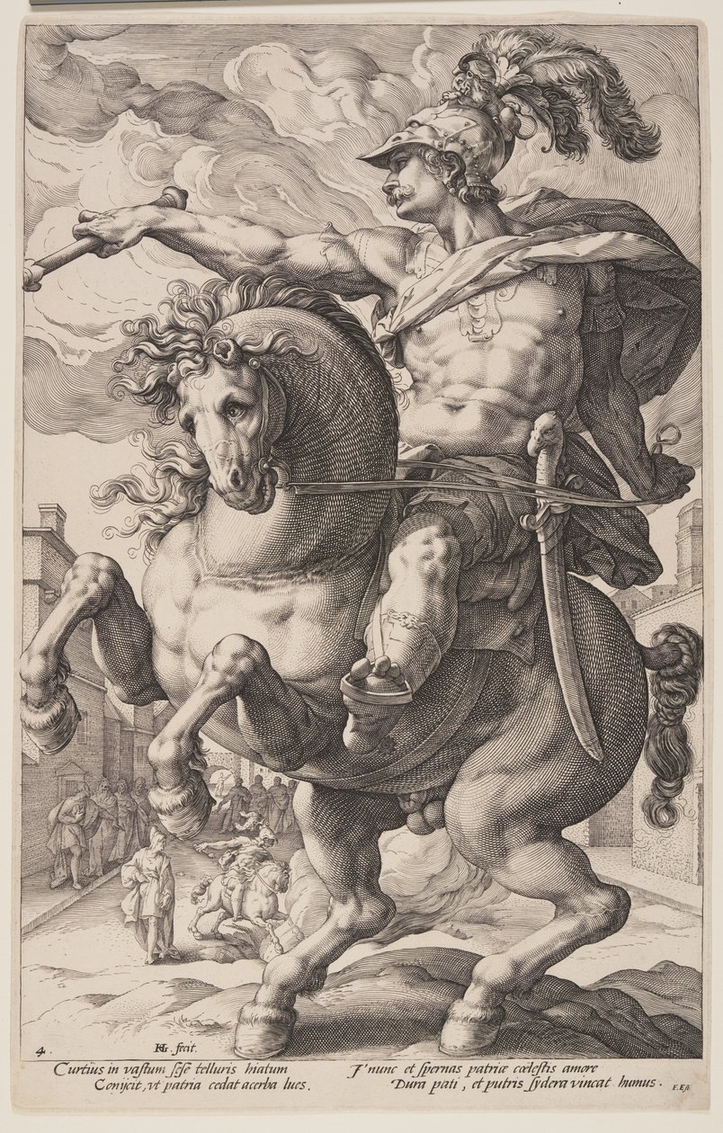 Marcus Curtius på hästryggen, från De romerska hjältarna av Hendrick Goltzius