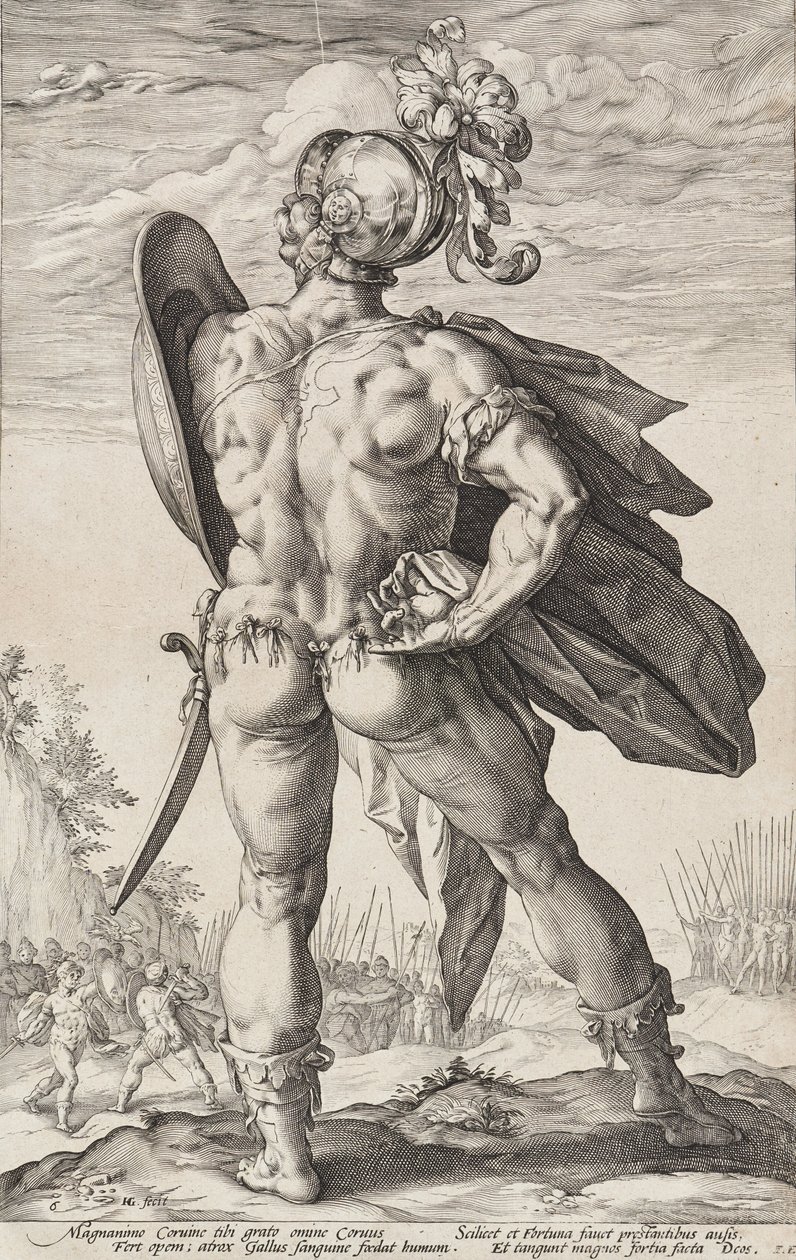 Marcus Valerius Corvus (Romerska hjältar, blad 6) av Hendrick Goltzius
