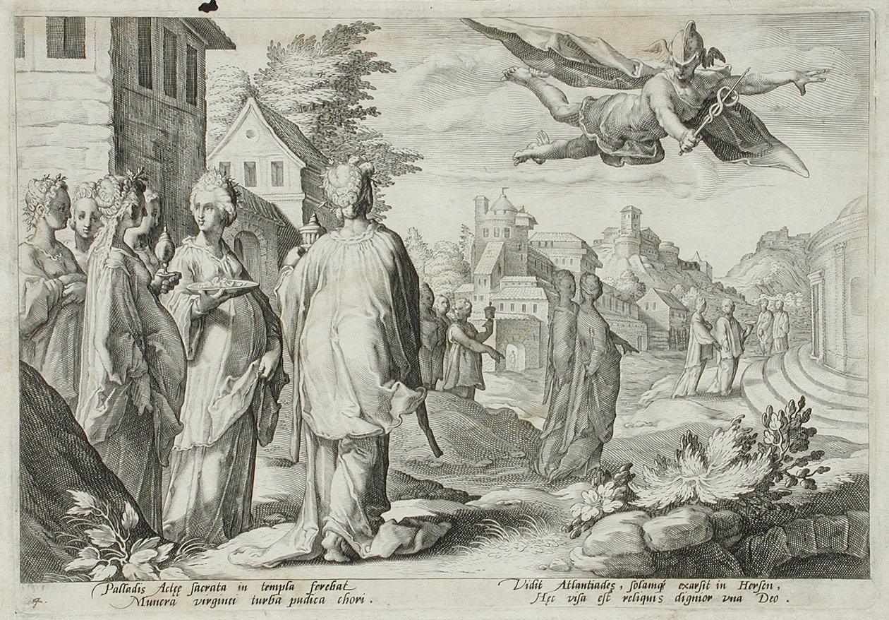 Merkurius förälskad i Herse, Kekrops dotter av Hendrick Goltzius
