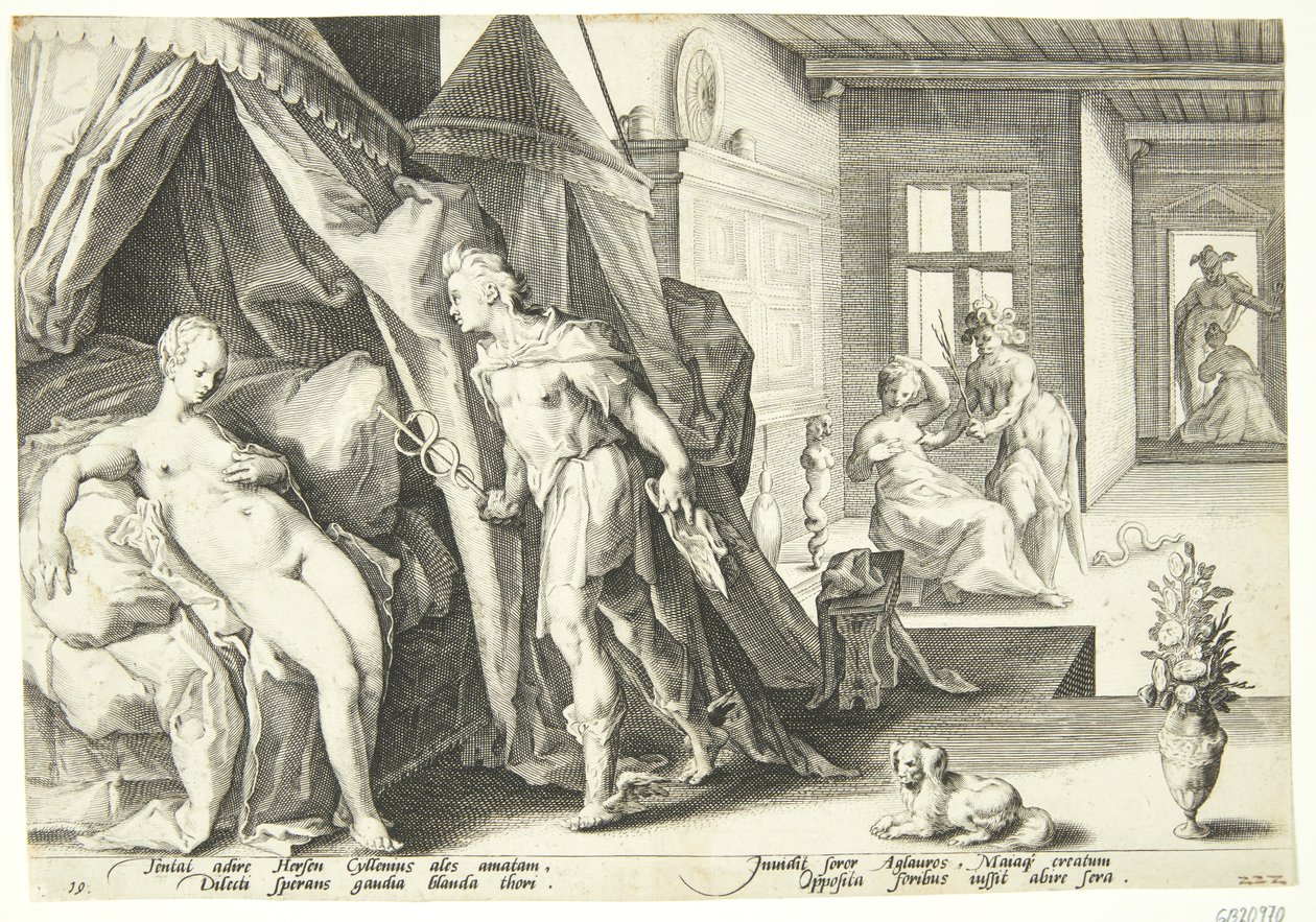 Mercury kommer in i Herses rum efter att ha förvandlat Agraulos till sten av Hendrick Goltzius