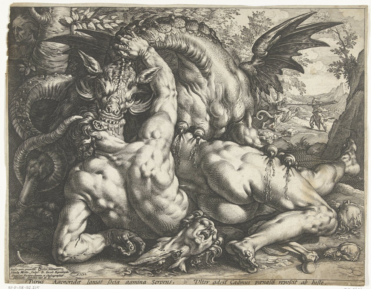 Kamrater till Cadmus slukade av en drake av Hendrick Goltzius