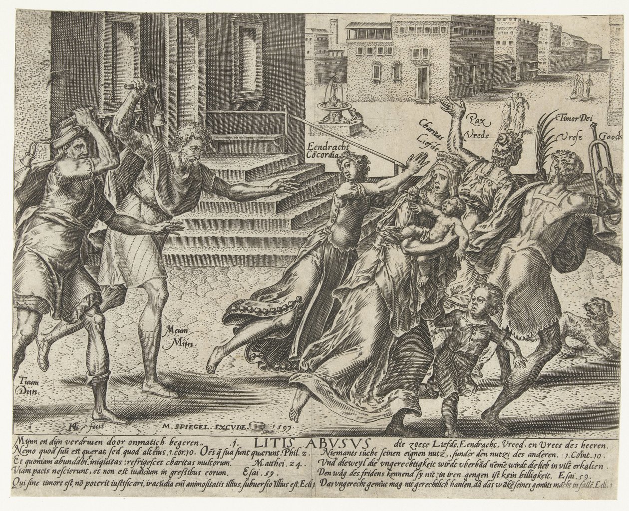 Mina och dina driver bort Enhet, Kärlek, Frid och Gudsfruktan Litis abusus (titel på objekt) Missbruk av tvister (serietitel) av Hendrick Goltzius