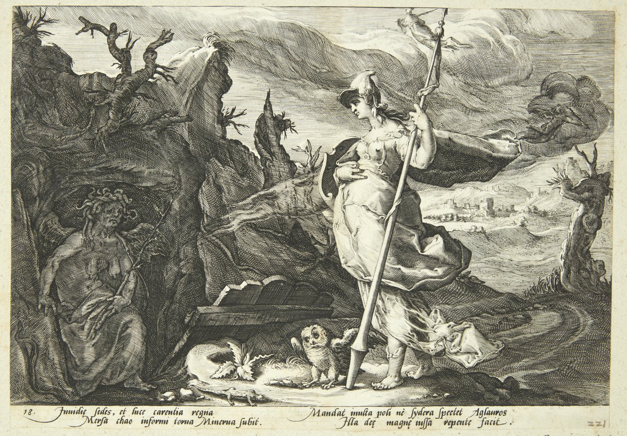 Minerva beordrar avund att fylla Agraulos hjärta med svartsjuka av Hendrick Goltzius