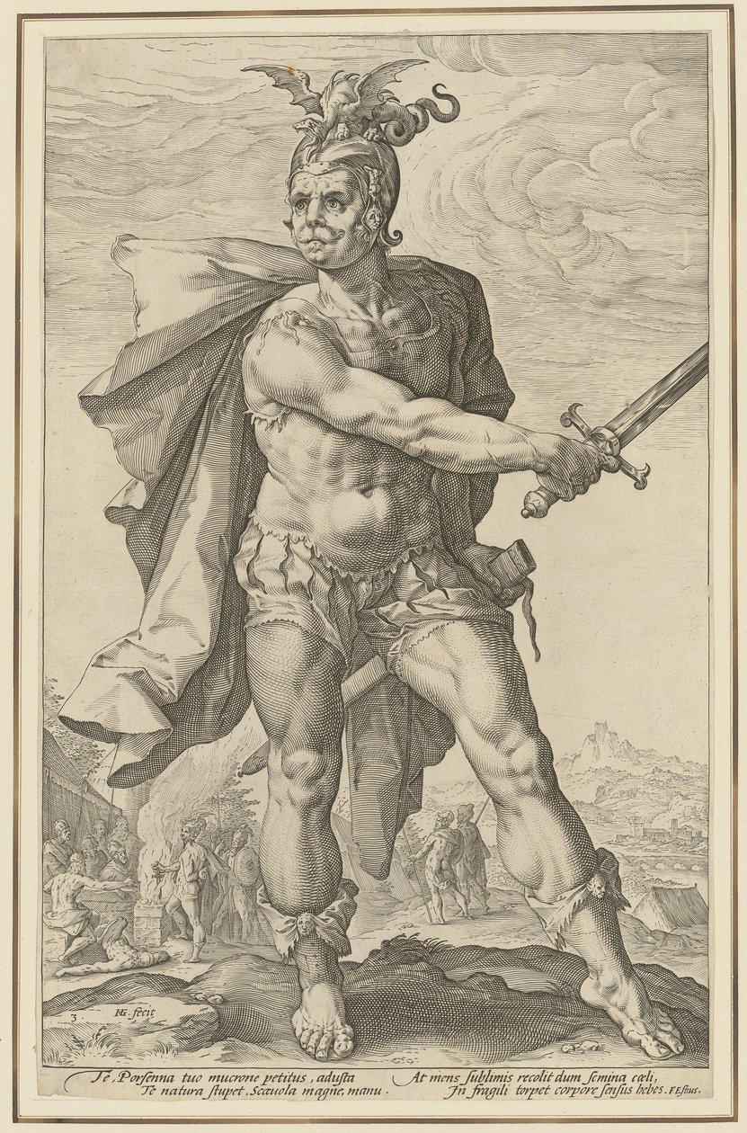 Mucius Scaevola, blad 3 i serien ”Romerska hjältar” av Hendrick Goltzius