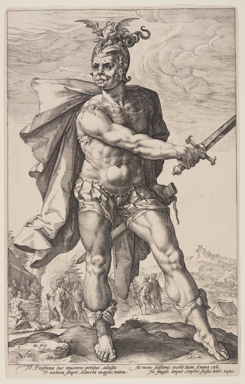 Mucius Scaevola, från De romerska hjältarna av Hendrick Goltzius