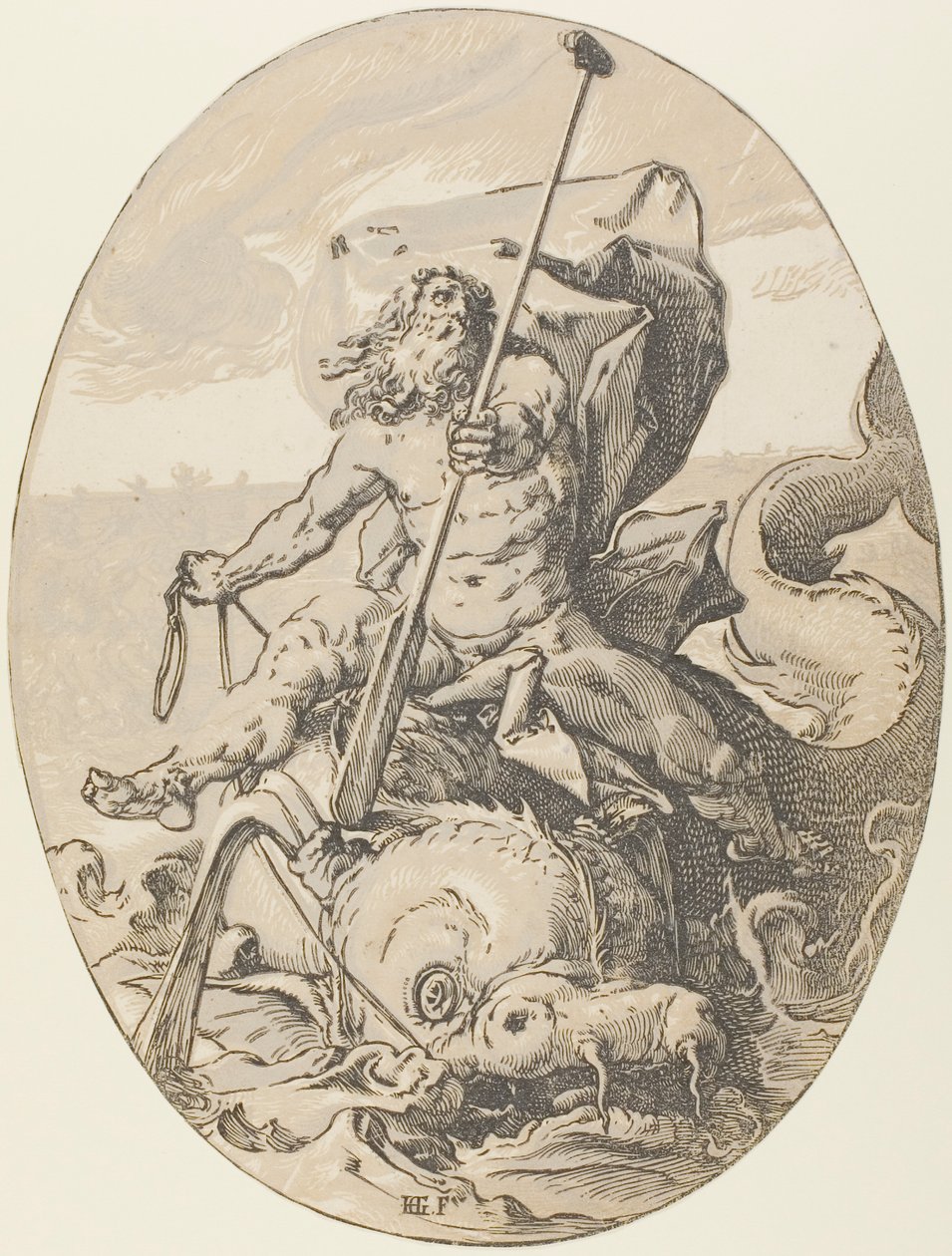Oceanus, tallrik två från Demogorgon and the Deities av Hendrick Goltzius