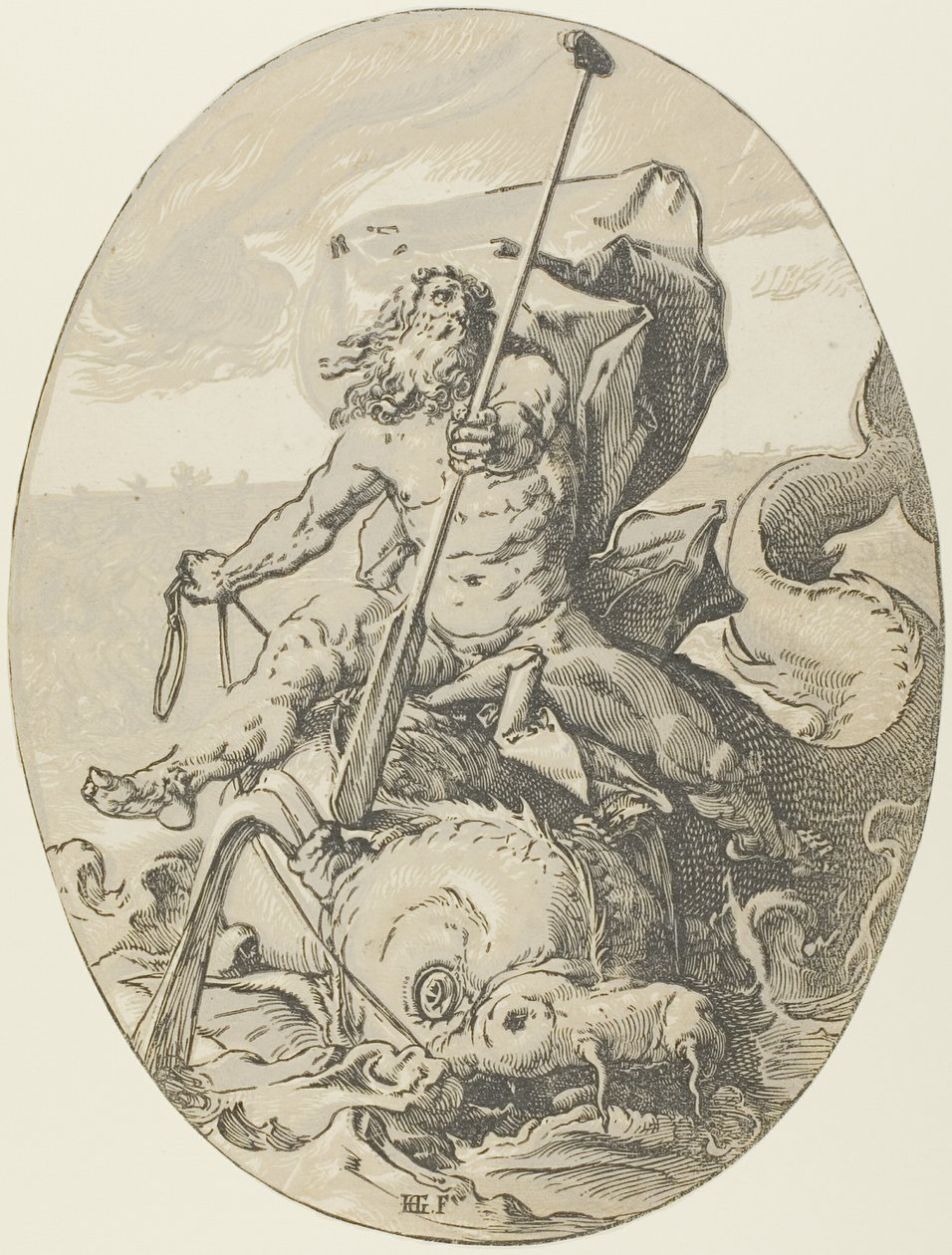 Oceanus, tallrik två från Demogorgon and the Deities av Hendrick Goltzius