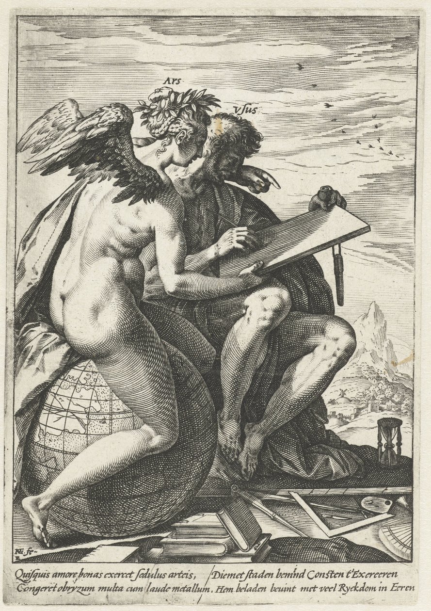 Träning och konst (Ars/Usus) Belöningen för arbete, flit, praktik och konst (serietitel) av Hendrick Goltzius