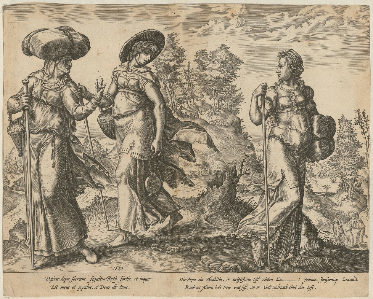 Orpa lämnar Rut och Naomi [sida 1] och Rut framför Boas på åkern [sida 2], sidorna 1 och 2 i serien ”Ruts historia” av Hendrick Goltzius
