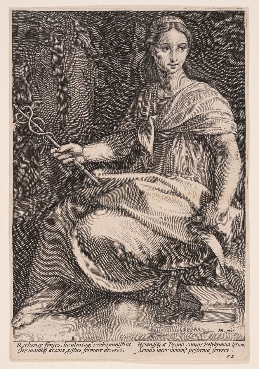 Polyhymnia, körpoesins musa, från De nio musorna av Hendrick Goltzius