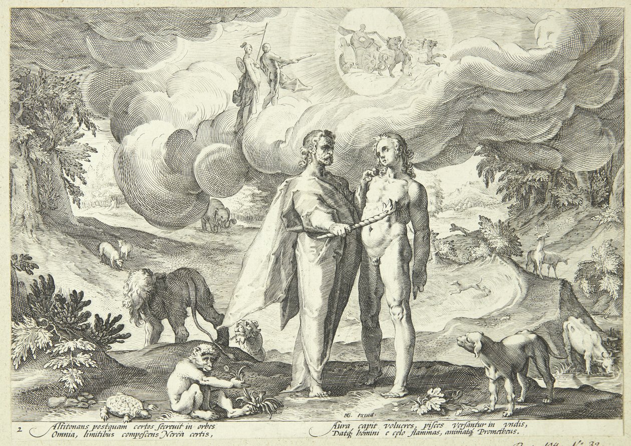 Prometheus skapar människan och ger henne liv med eld från himlen av Hendrick Goltzius