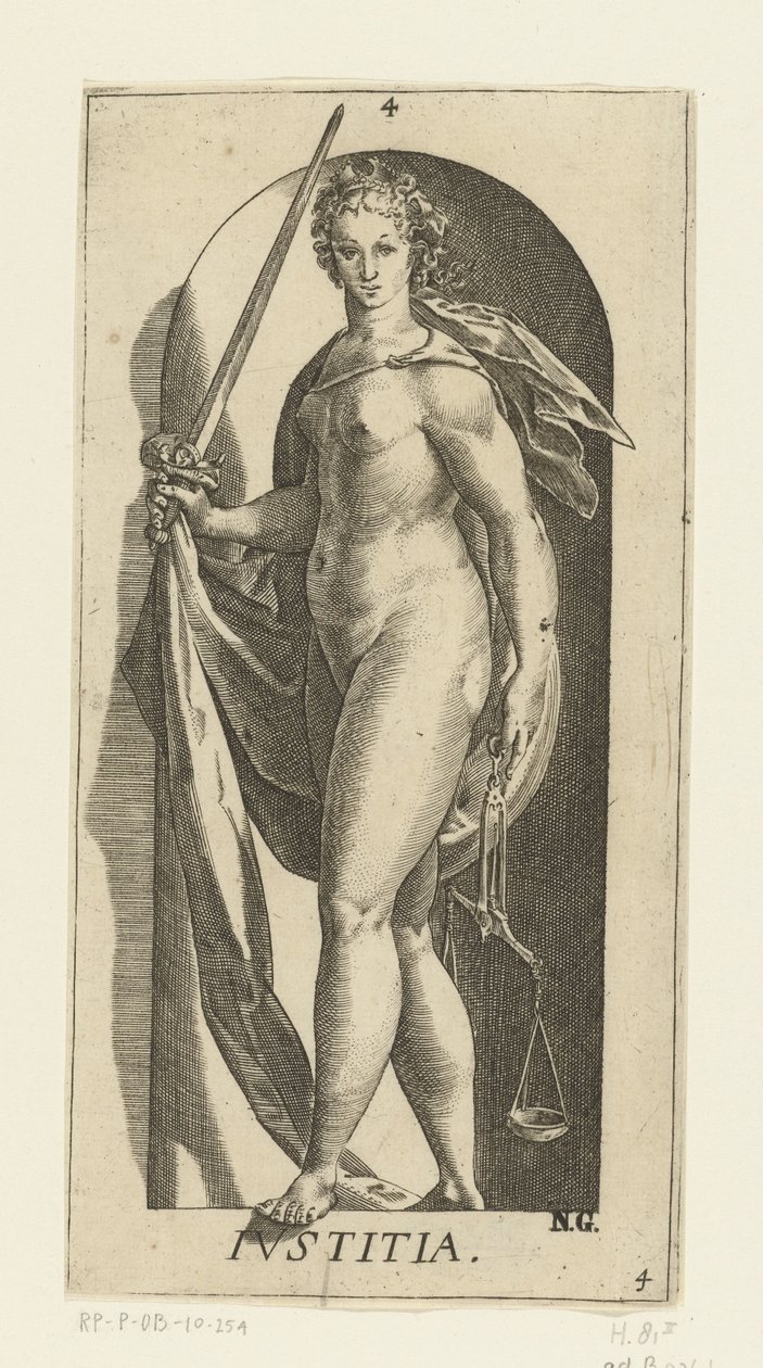 Rättvisa Iustitia (titel på objekt) De sju dygderna (serietitel) av Hendrick Goltzius