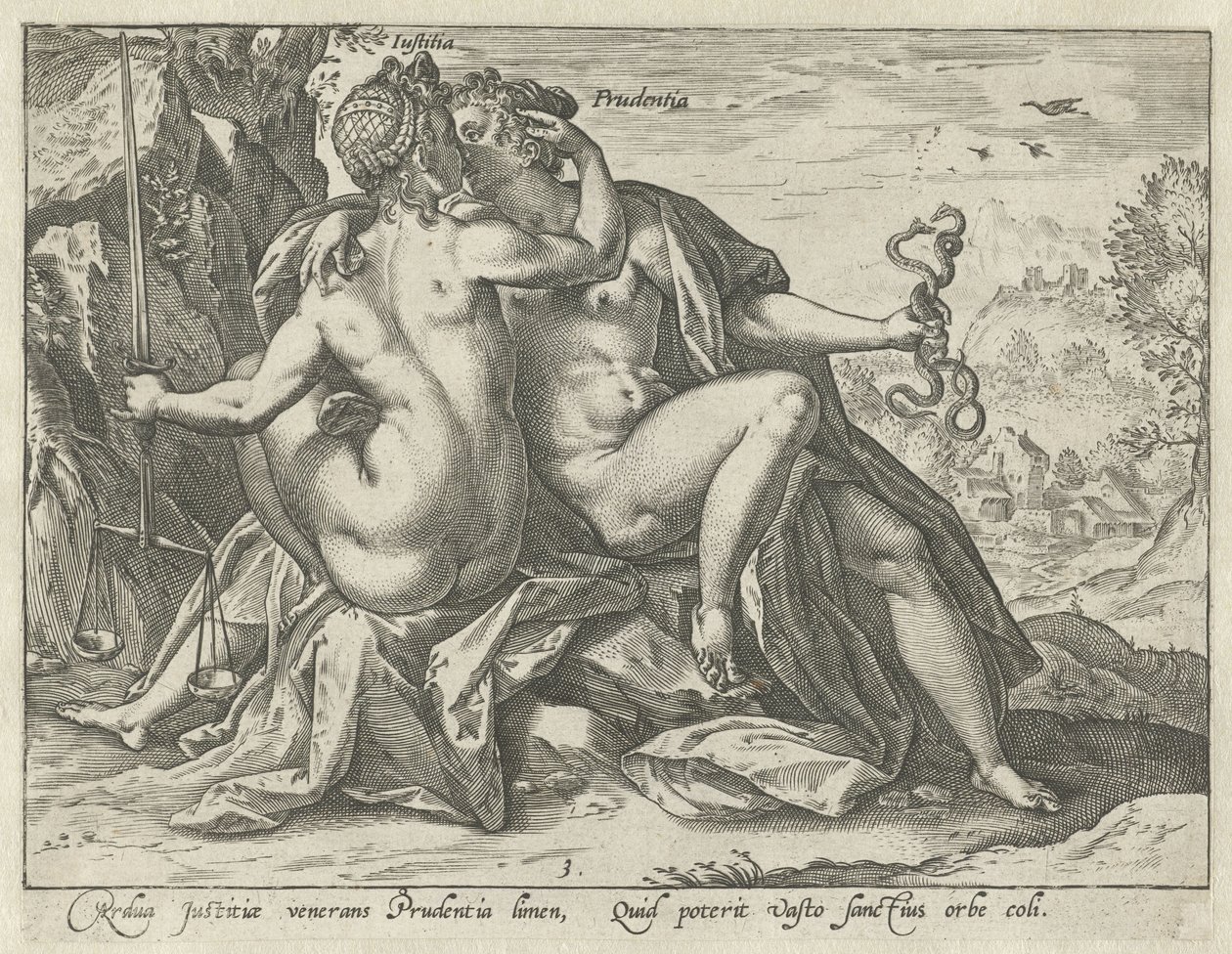 Rättvisa och försiktighet (Justitia / Prudentia) De förenade dygderna (serietitel) av Hendrick Goltzius