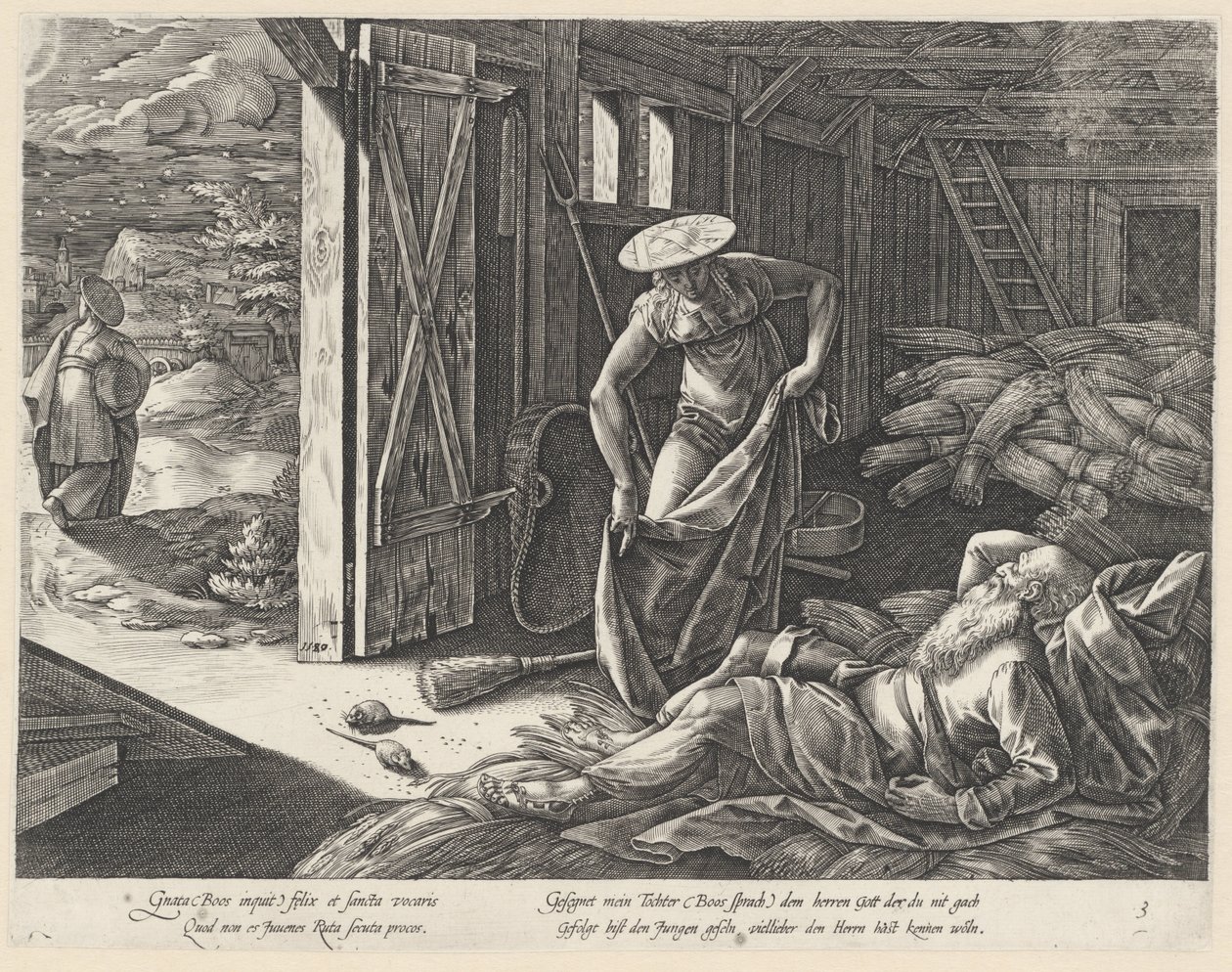 Rut och Boas i spannmålsmagasinet The History of Ruth (serietitel) av Hendrick Goltzius