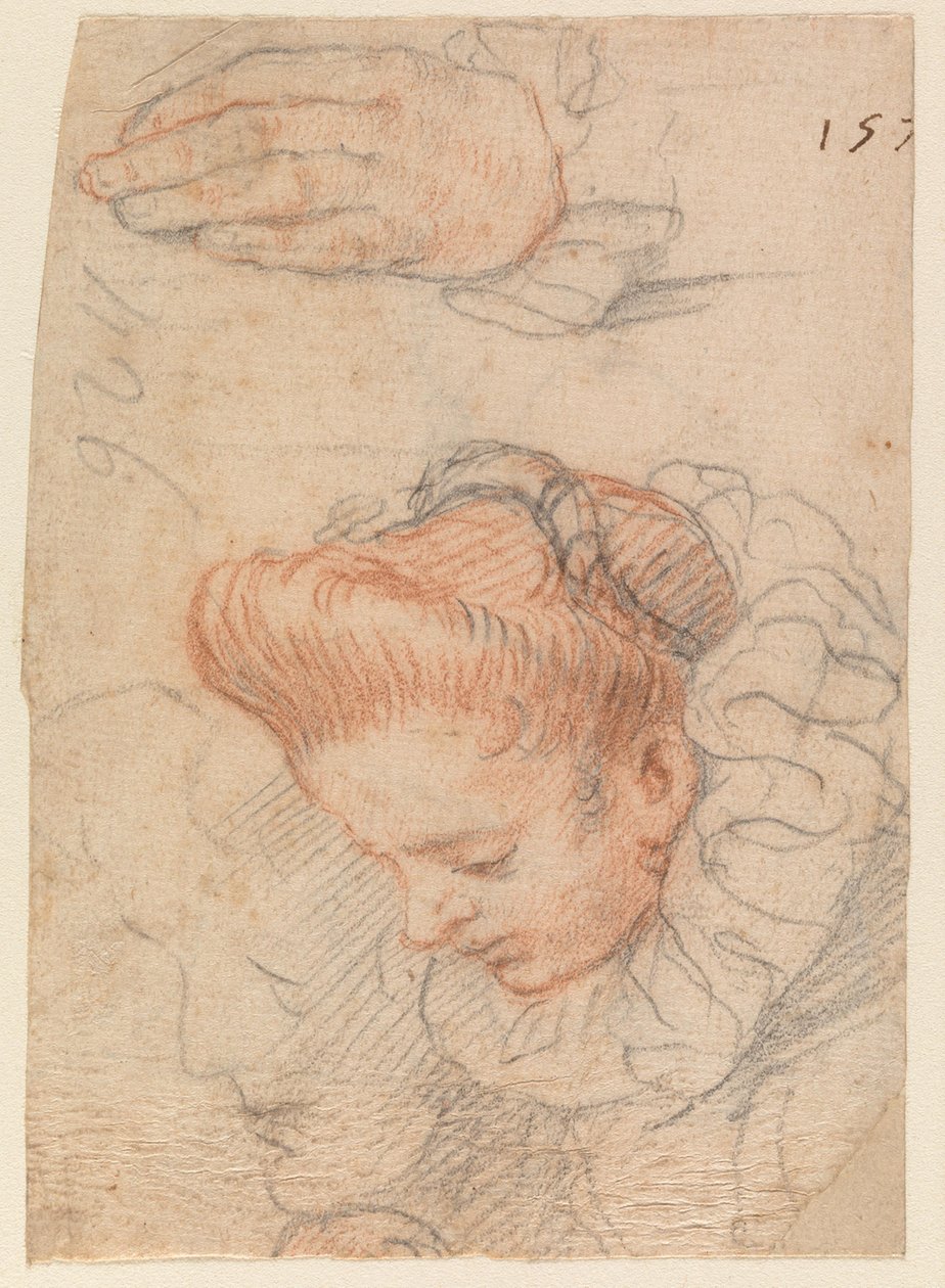 Skissblad med kvinnohuvud och hand av Hendrick Goltzius