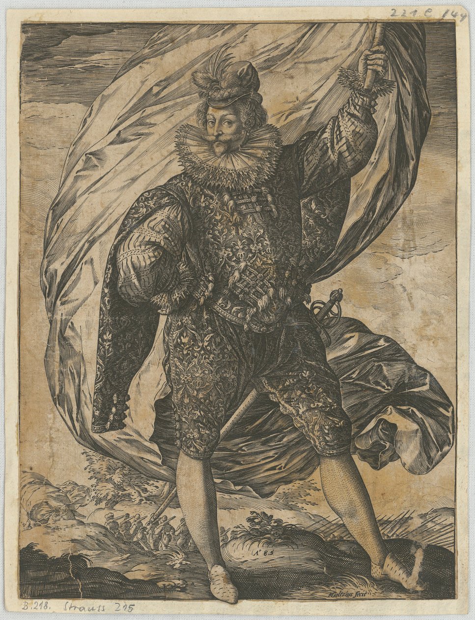 Stående fanbärare, med huvudet vänt åt vänster av Hendrick Goltzius
