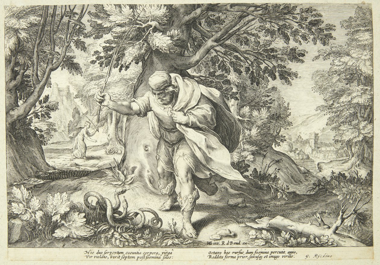 Teiresias slår två parande ormar med sin stav av Hendrick Goltzius