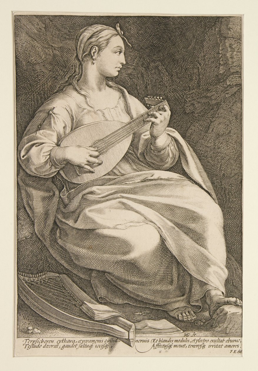 Terpsichore, blad 5 ur serien De nio muserna av Hendrick Goltzius