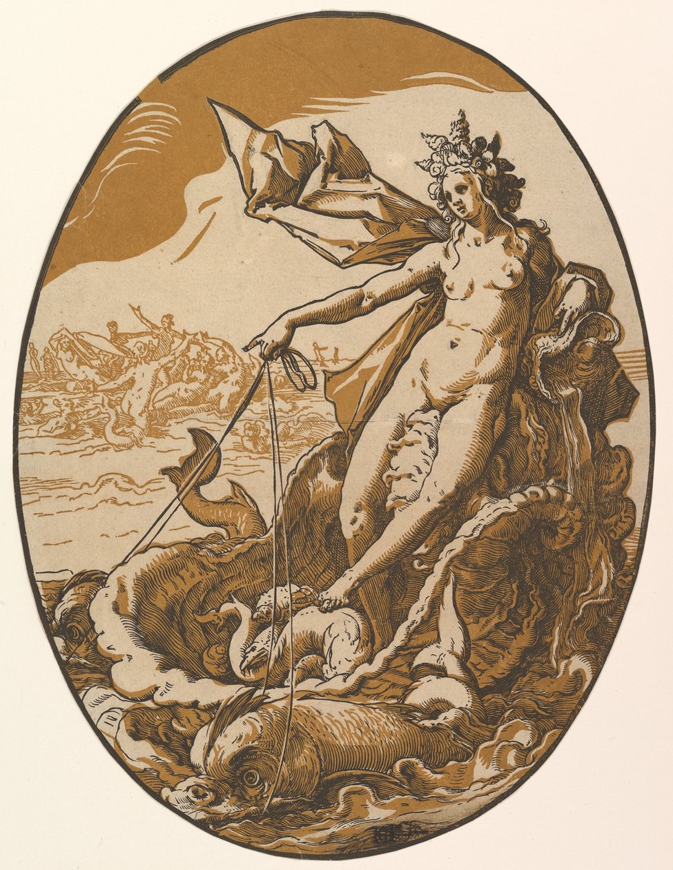 Tethys vilande i en jättelik snäckvagn dragen av två havsvarelser, ur "Gudomligheterna" av Hendrick Goltzius