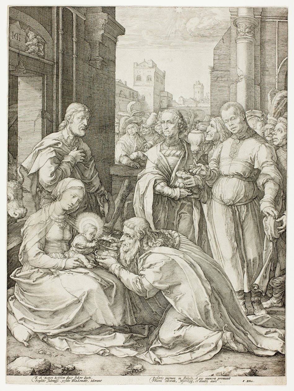 The Adoration of the Magi, tallrik fem från The Birth and Early Life of Christ av Hendrick Goltzius