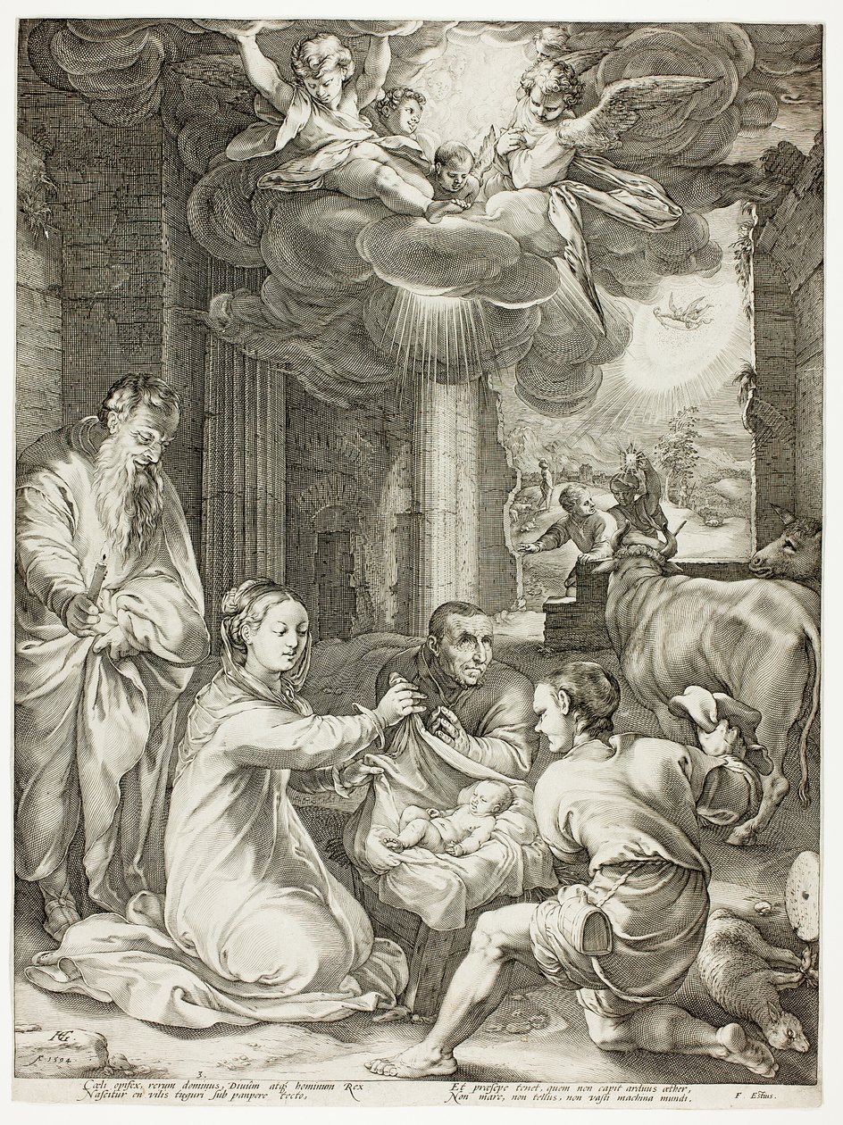 The Adoration of the Shepherds, tallrik tre från The Birth and Early Life of Christ av Hendrick Goltzius