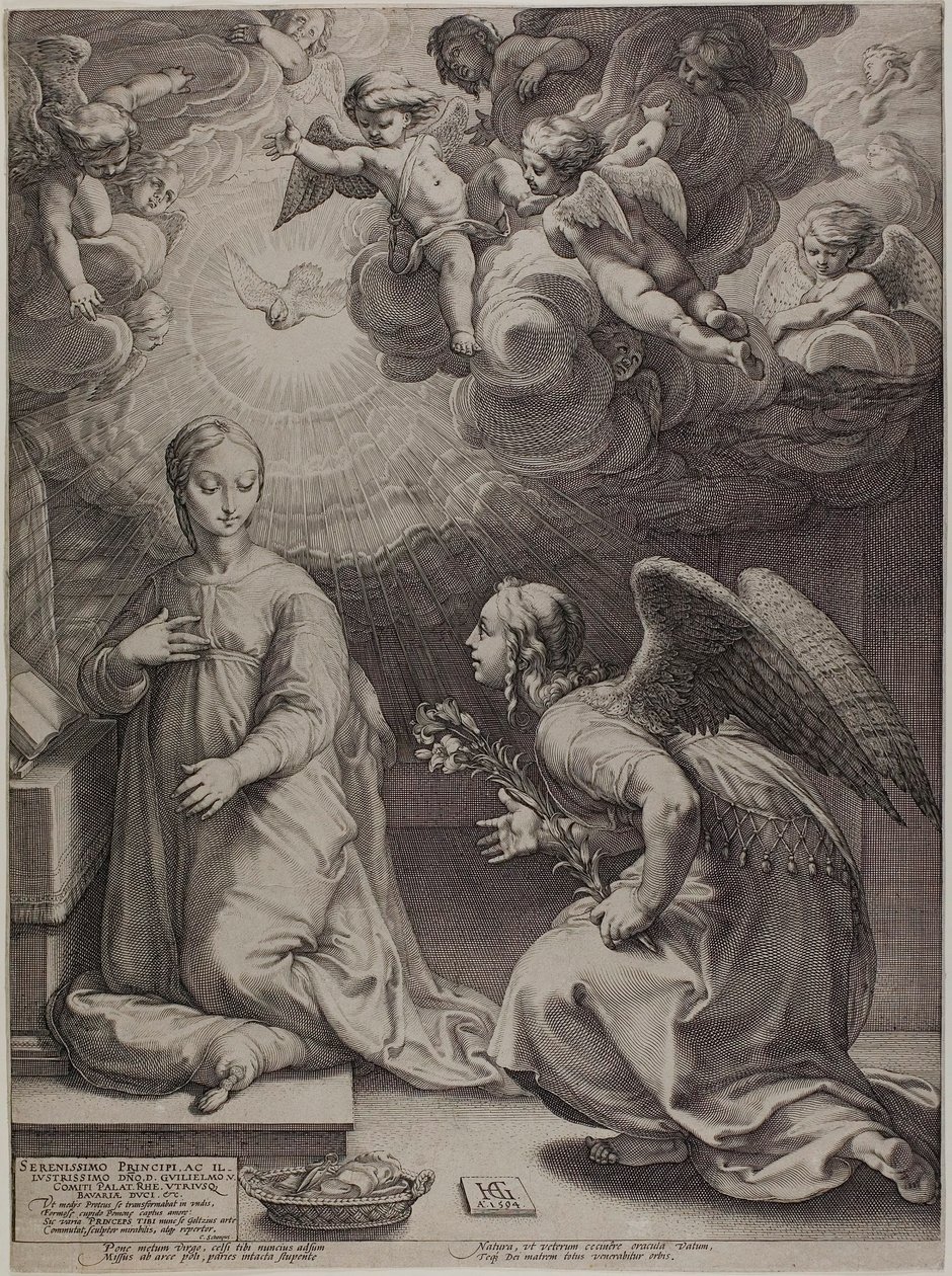 Bebådelsen, tavla ett från The Birth and Early Life of Christ av Hendrick Goltzius