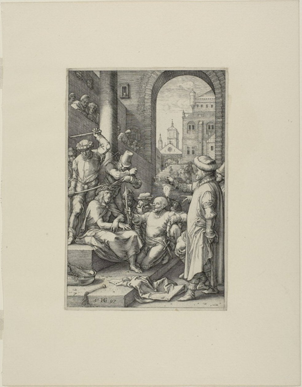The Crowning with Thorns, tallrik sju från The Passion of Christ av Hendrick Goltzius