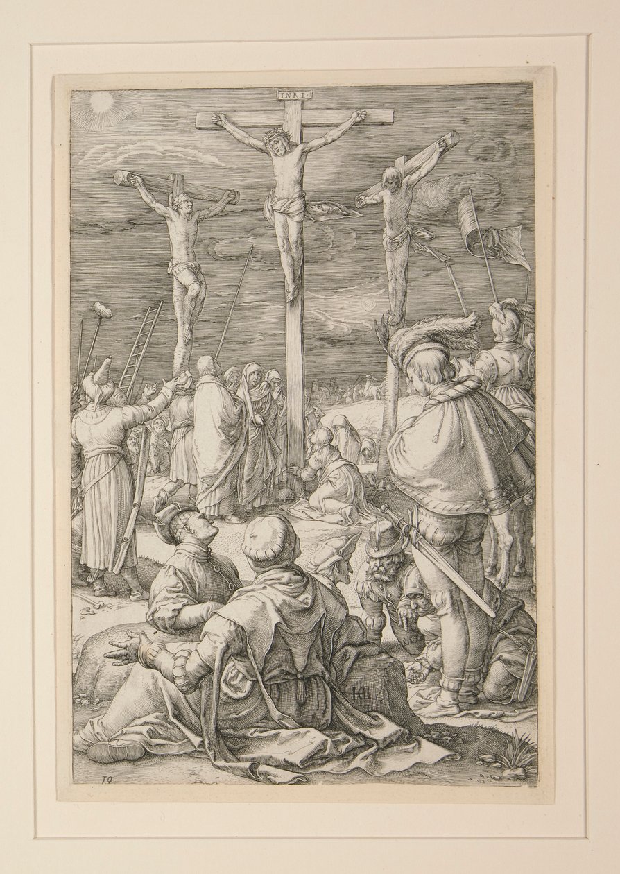 The Crucifixion (Kristus på korset), från The Passion, #10 i en serie av 12 gravyrer av Hendrick Goltzius