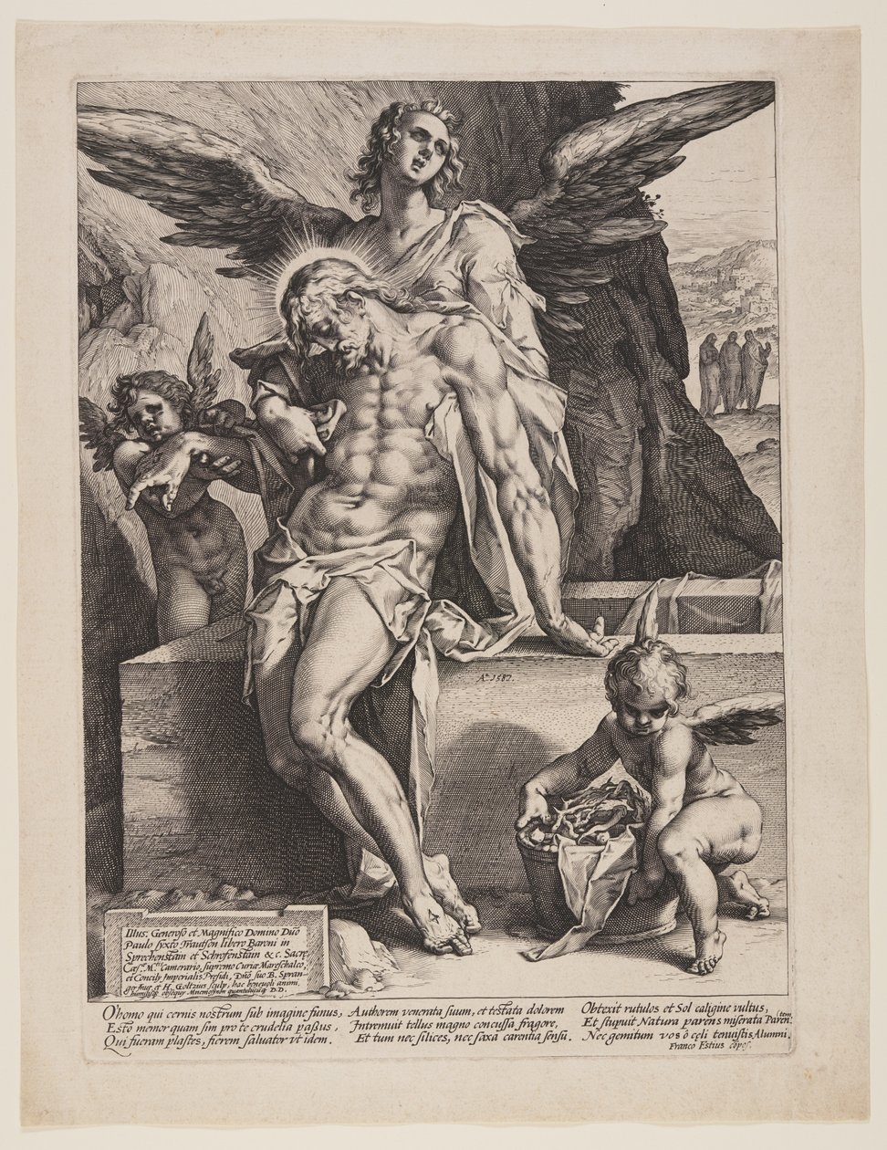 Den döde Frälsaren med stöd av en ängel av Hendrick Goltzius