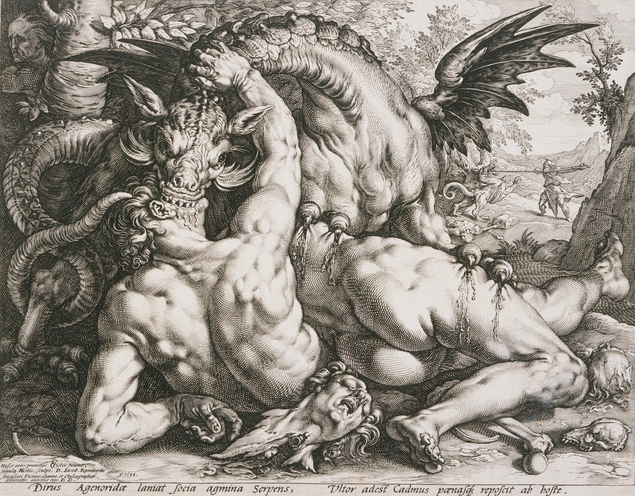 Draken som slukar Kadmos följeslagare av Hendrick Goltzius