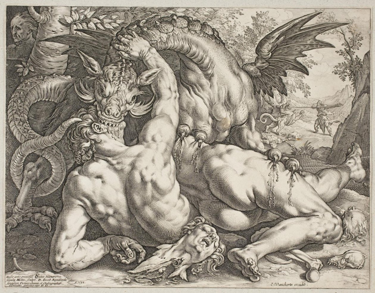 Draken slukar Cadmus följeslagare av Hendrick Goltzius