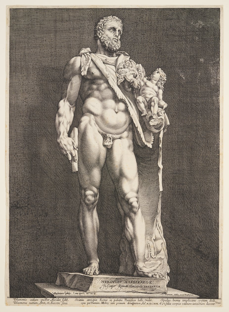 Kejsar Commodus som Herkules, från tre berömda antika statyer i Rom av Hendrick Goltzius