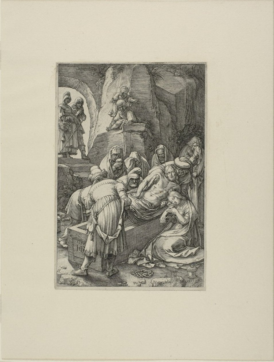 Gravläggningen, tavla elva från The Passion of Christ av Hendrick Goltzius