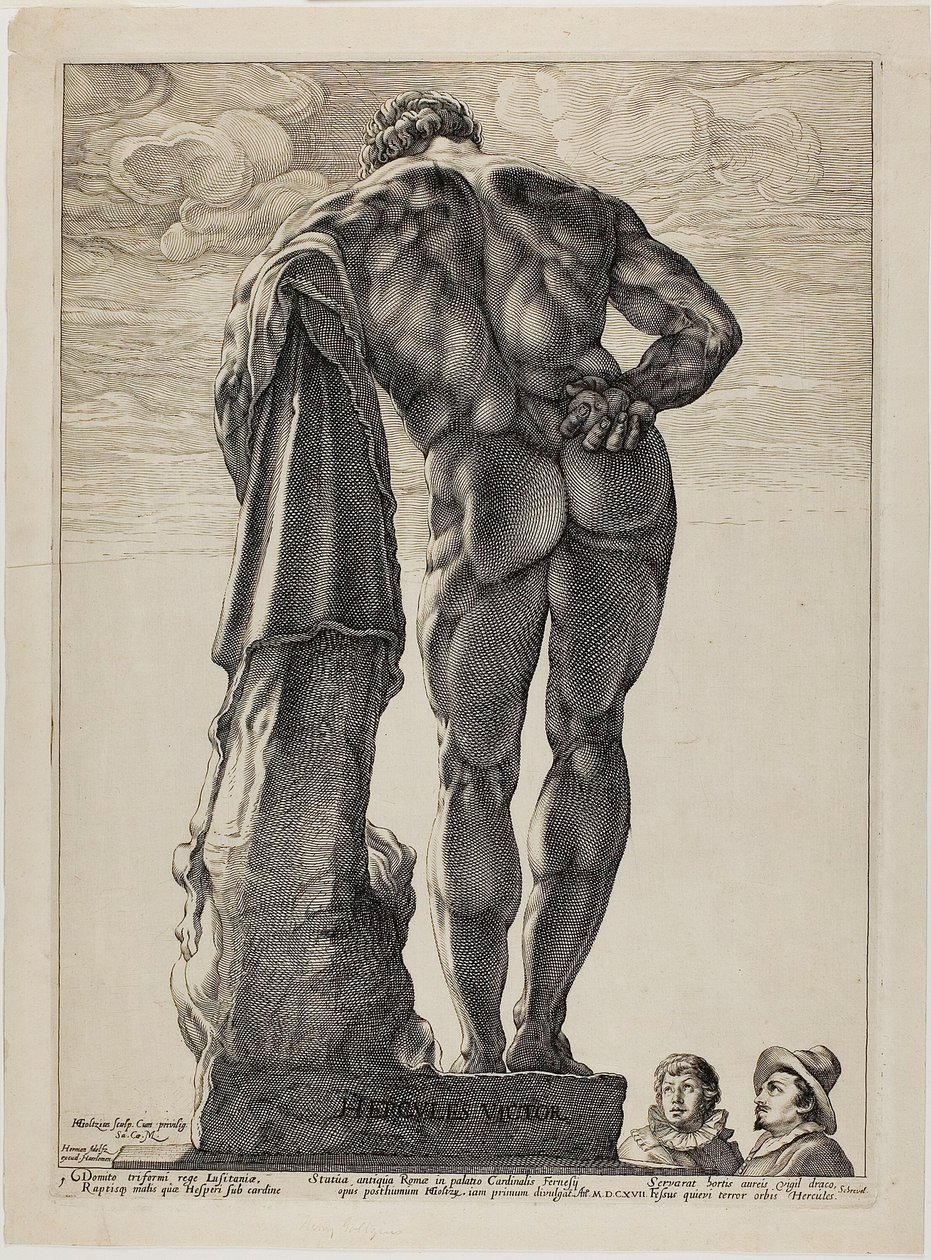 Farnesian Hercules, tallrik en från Three Famous Antique Sculptures av Hendrick Goltzius