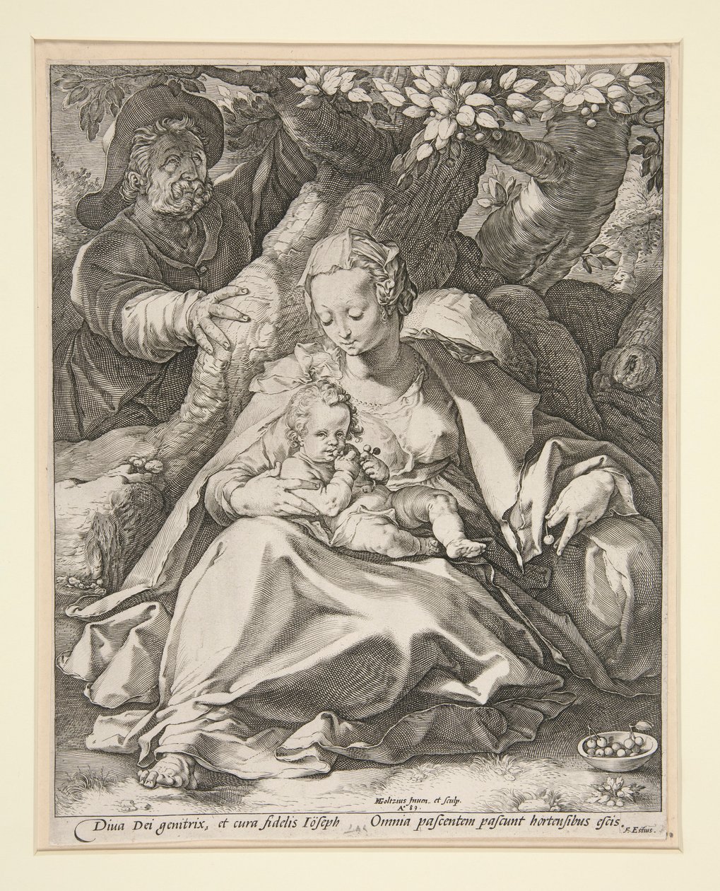 Den heliga familjen under körsbärsträdet/ Vila på flyget till Egypten under ett körsbärsträd av Hendrick Goltzius