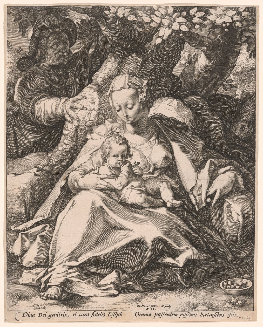 Den heliga familjen under ett körsbärsträd av Hendrick Goltzius