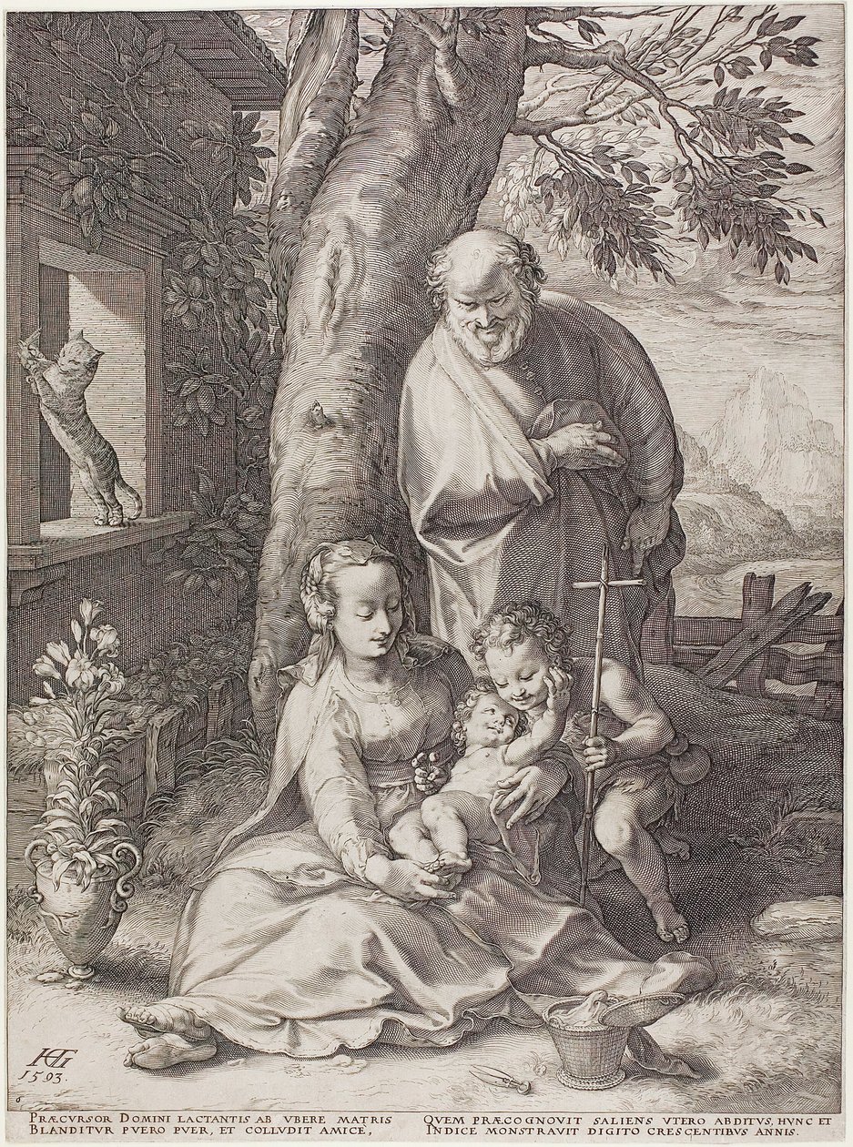 Den heliga familjen med spädbarnet Johannes döparen, tallrik sex från The Birth and Early Life of Christ av Hendrick Goltzius