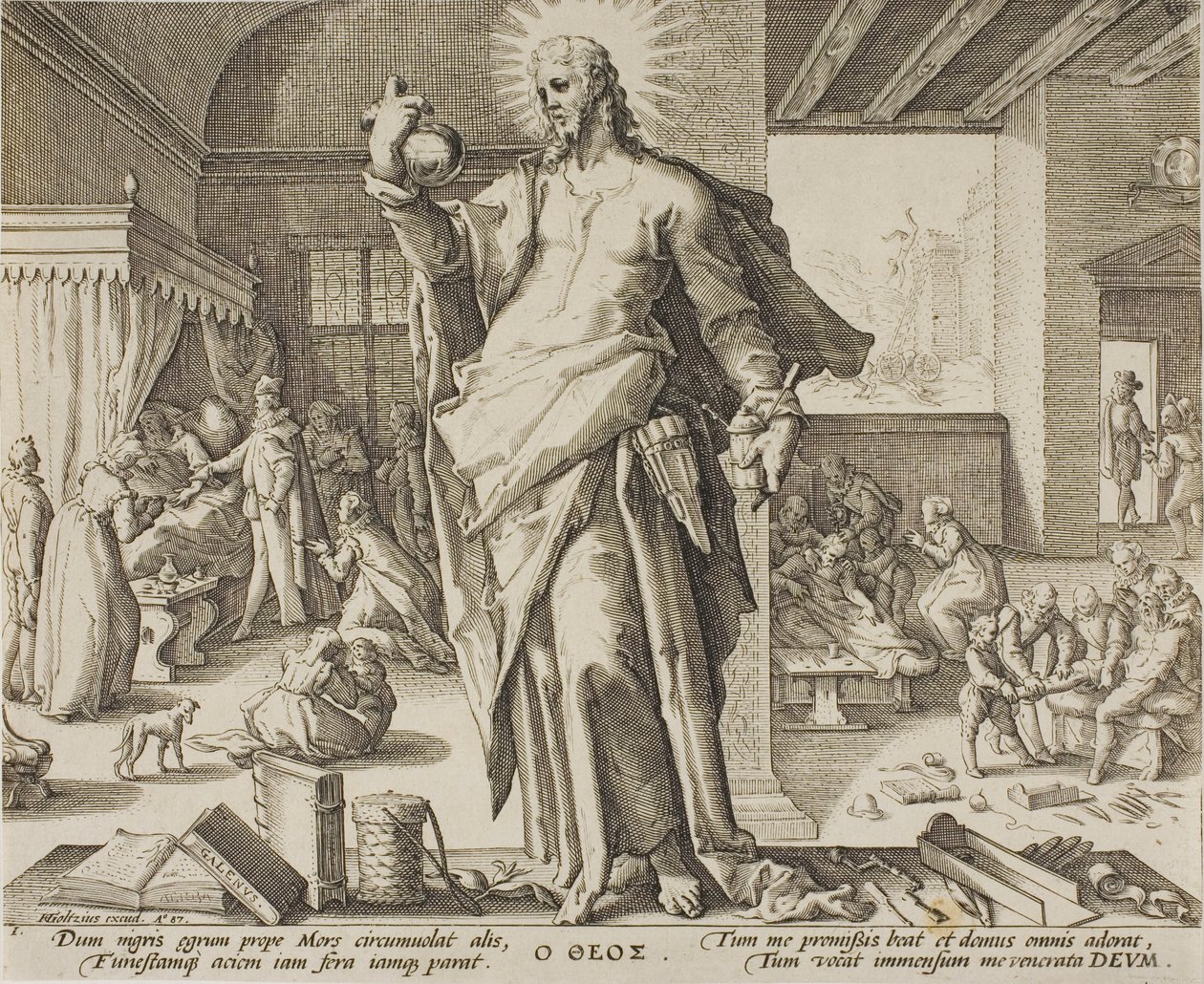 Läkaren betraktad som Gud, tavla en från Allegories of the Medical Profession. av Hendrick Goltzius