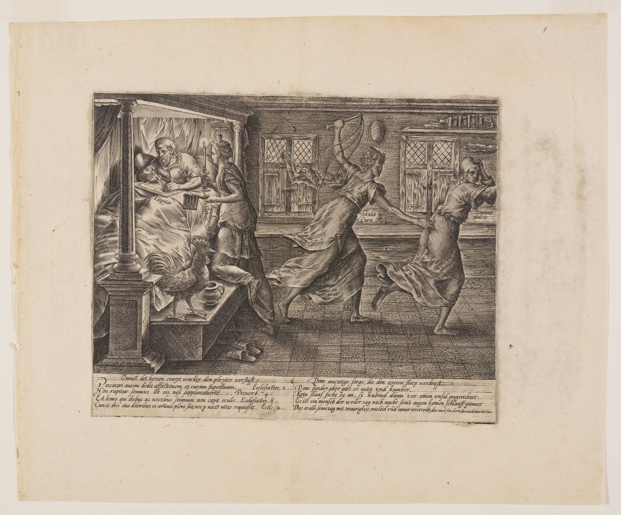 Den processande partens sömnlösa natt, från Litis Abusus (Juridiska övergrepp) av Hendrick Goltzius