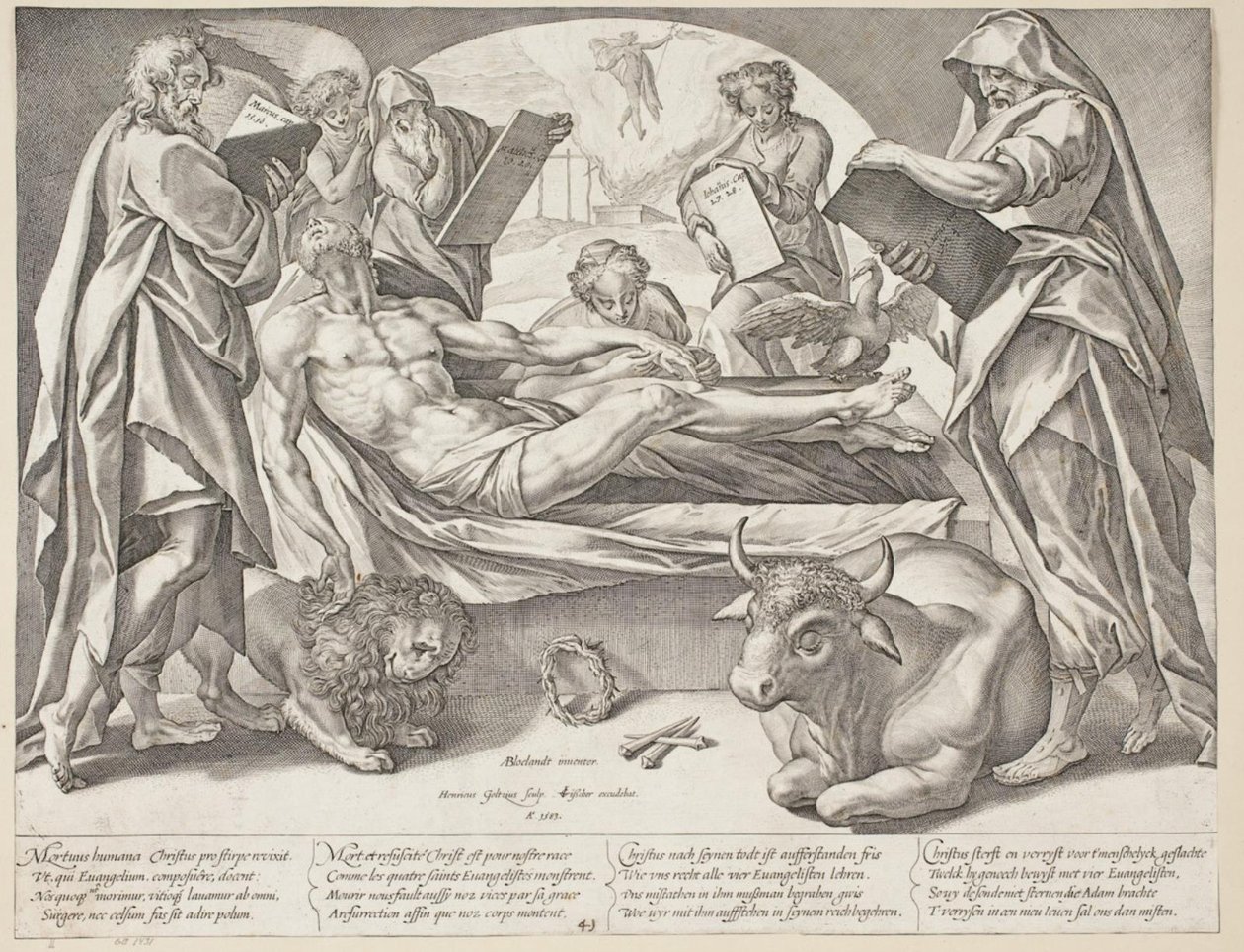 Den döde Kristus och de fyra evangelisten av Hendrick Goltzius