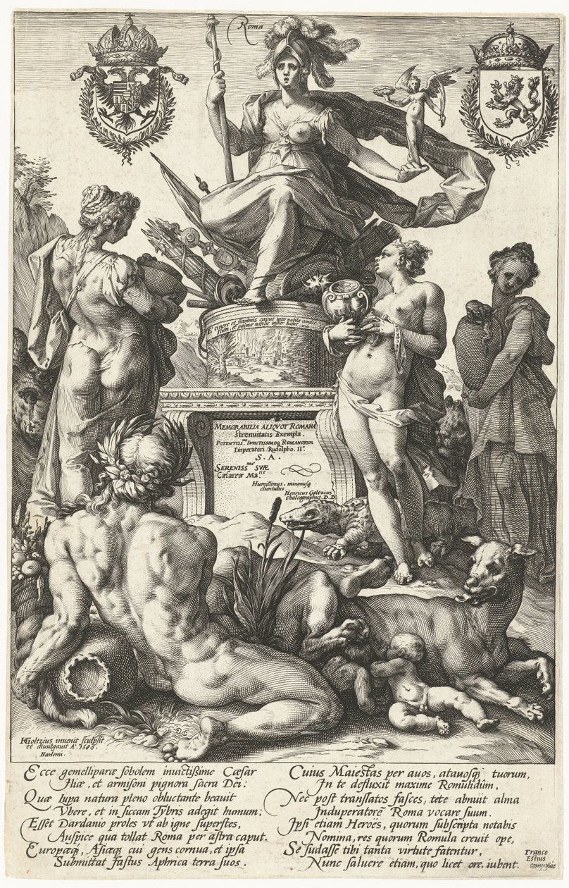 Titeltryck för tryckserien De romerska hjältarna Roma (titel på objekt) The Roman Heroes (serietitel) av Hendrick Goltzius