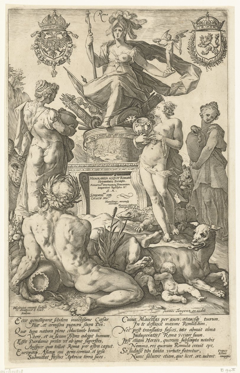 Titeltryck för tryckserien De romerska hjältarna Roma (titel på objekt) The Roman Heroes (serietitel) av Hendrick Goltzius