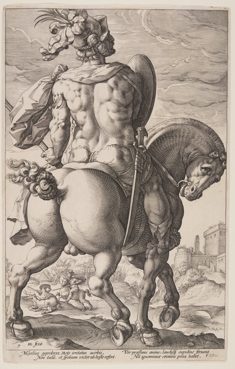 Titus Manlius på hästryggen, från De romerska hjältarna av Hendrick Goltzius