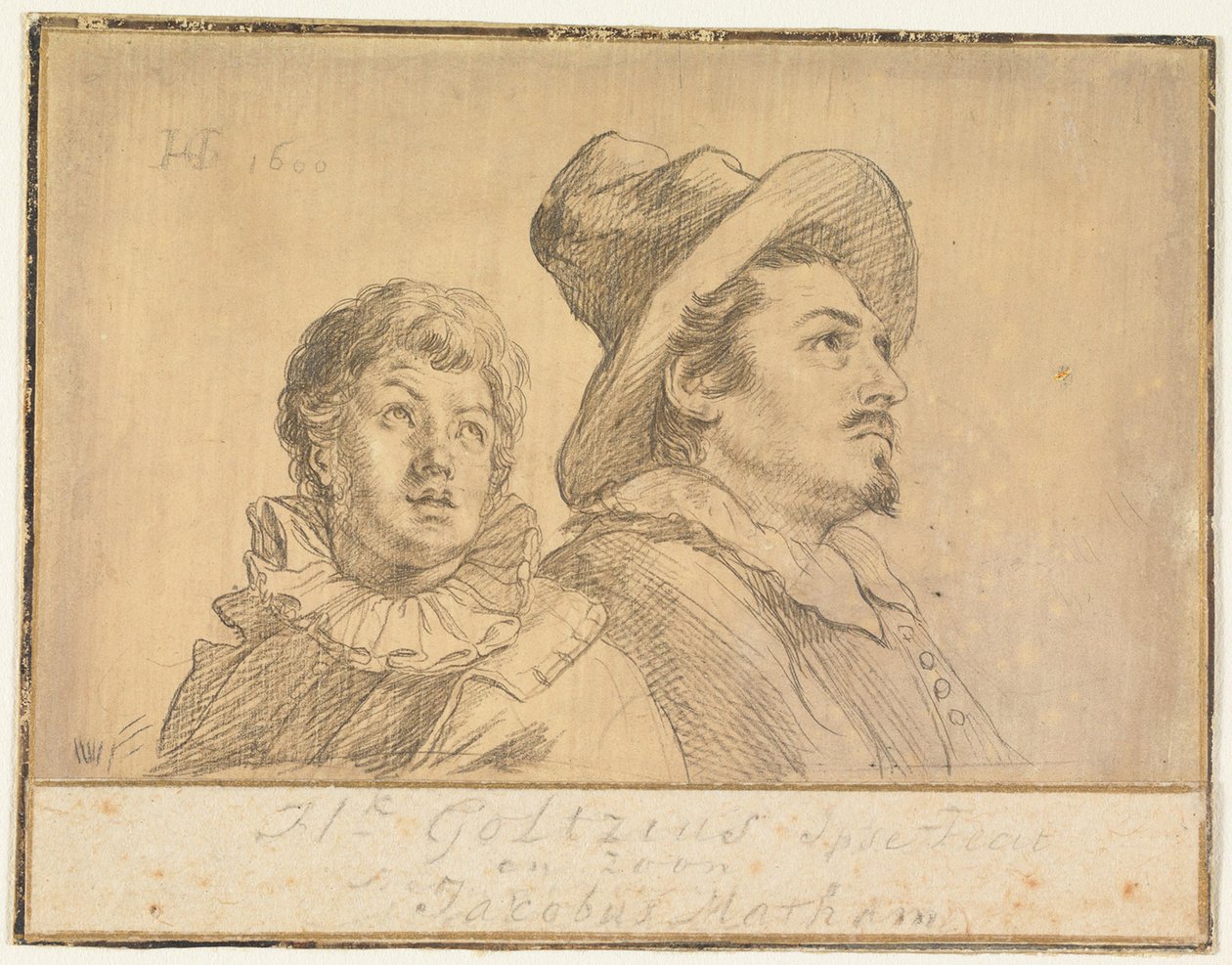 Två män, möjligen Jan Matthijs Ban och Philips van Winghe (framsidan). En pojke med hatt, avbildad till midjan. I sina armar håller han en död äldre man (baksidan) av Hendrick Goltzius