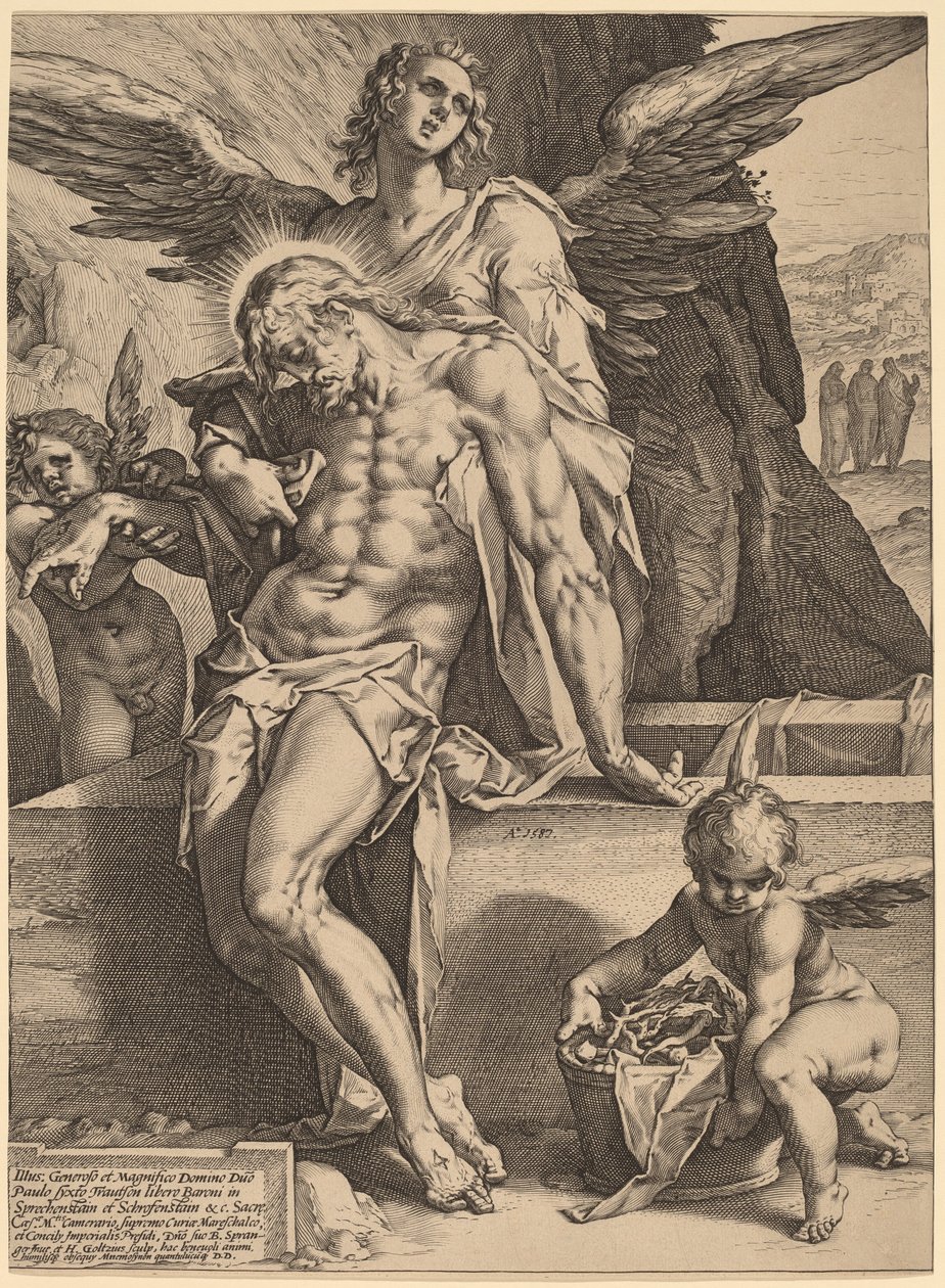Kristi kropp stödd av änglar av Hendrick Goltzius, after Bartholomaeus Spranger