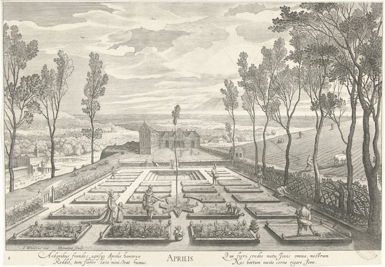 april, med ett företag i en trädgård Aprilis (titel på objekt) De tolv månaderna (serietitel) av Hendrick Hondius (I)