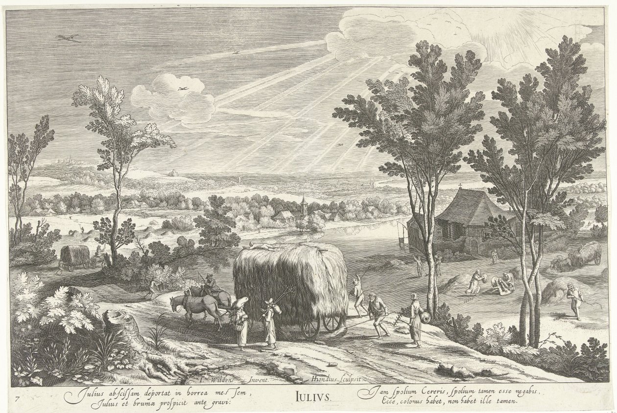 juli, med bönder i ett landskap Julius (titel på objekt) De tolv månaderna (serietitel) av Hendrick Hondius (I)